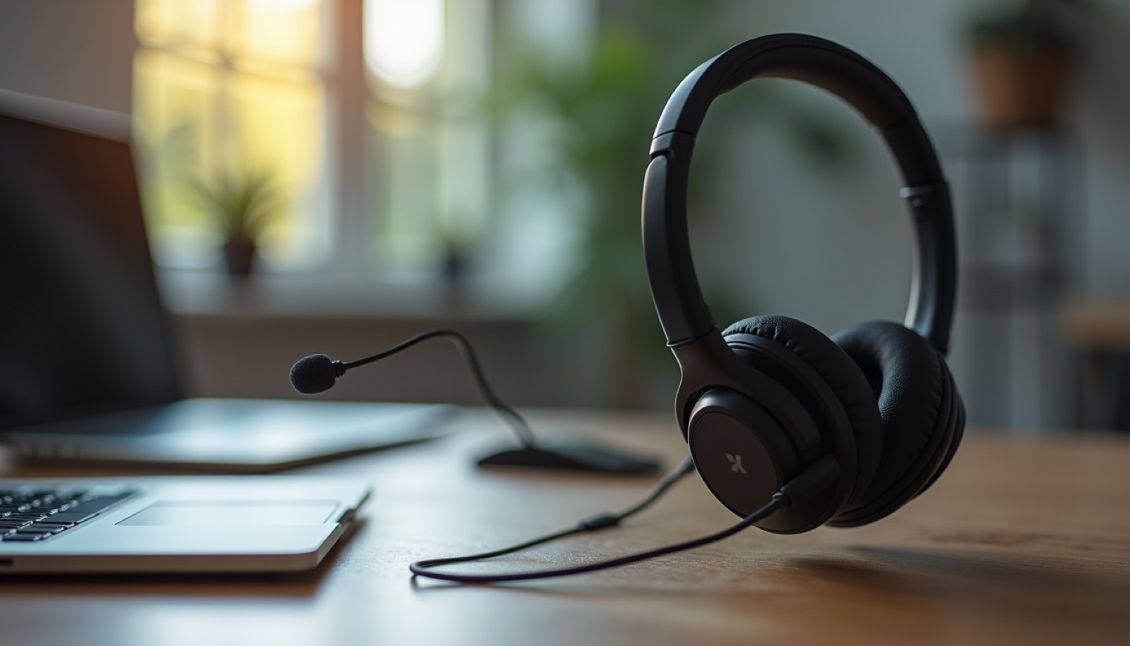 Close-up of a headset and microphone on a desk for online language tutoring