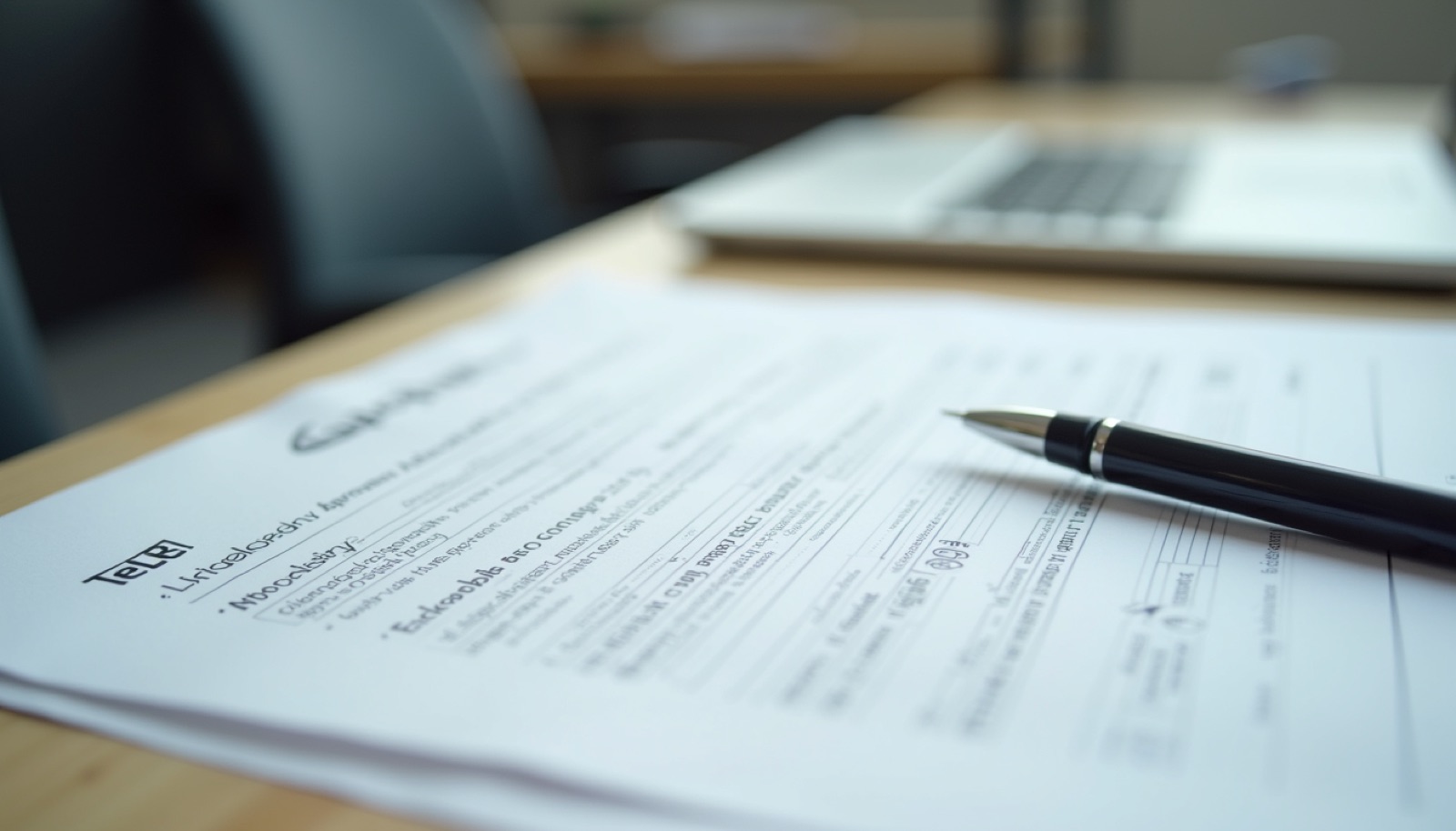 Close-up view of a telc B2 exam paper and pen on a desk