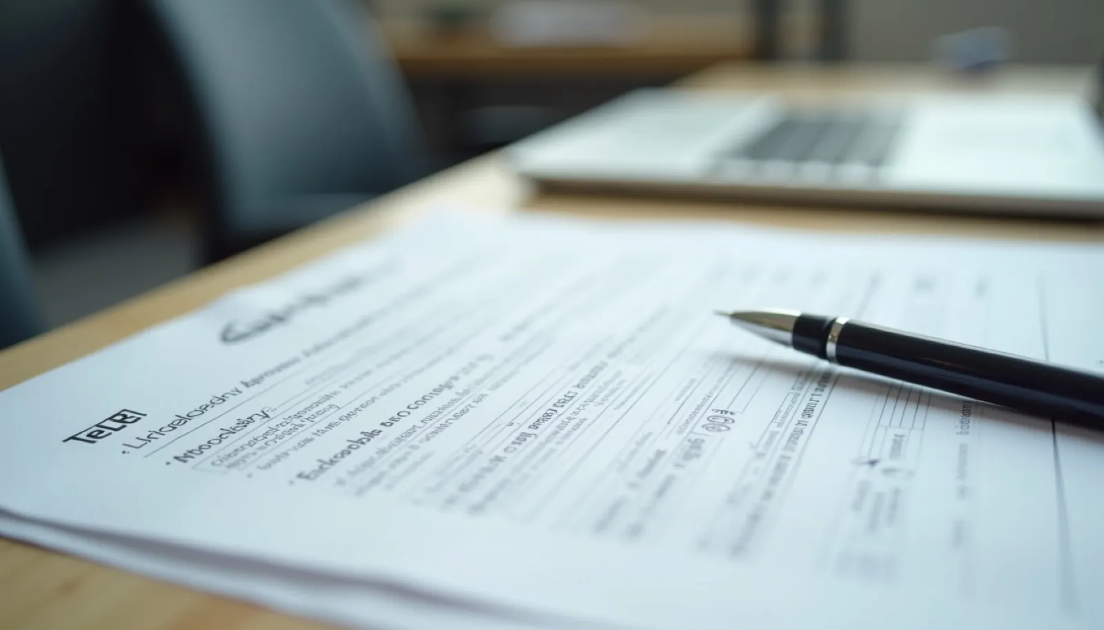 Close-up view of a telc B2 exam paper and pen on a desk