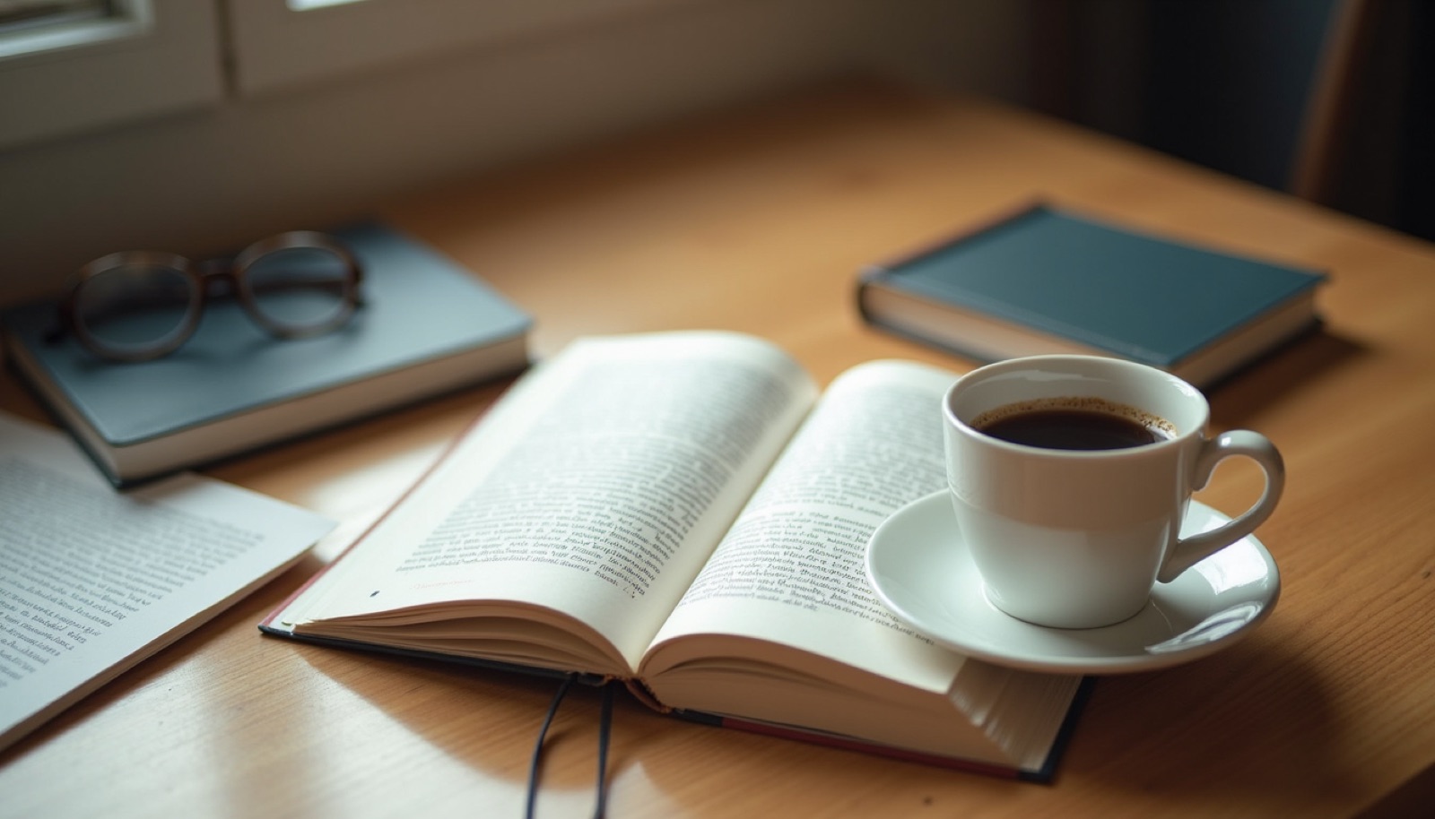 High angle view of a desk with German learning books and a cup of coffee
