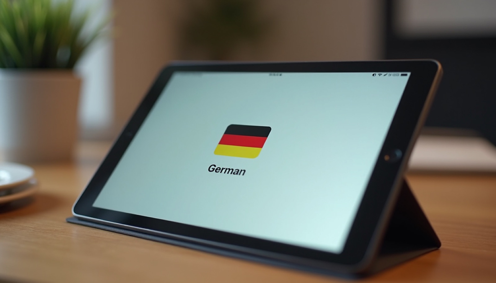 Close-up view of a tablet displaying a German language learning app